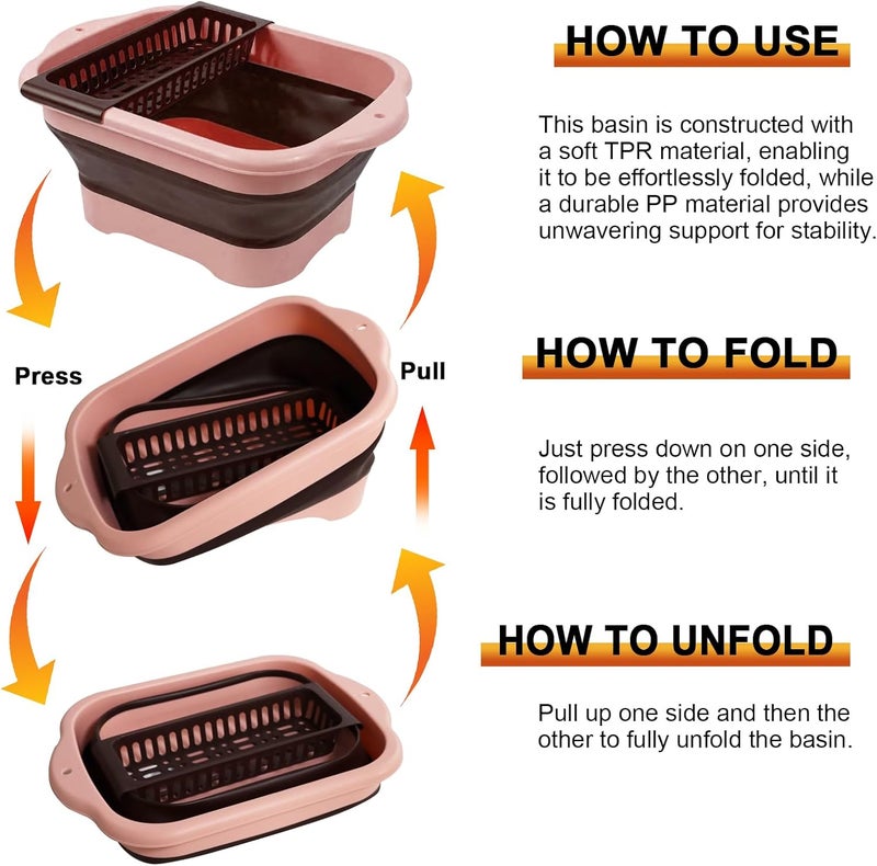 ZINSO 2.77 Gallon (10.5L) Collapsible Dish Basin with Drain Plug, Pink Camping Dish Basin for RV, Space-Saving Foldable Washing Bin, BPA-Free Portable Sink for Vegetables and Dishes - with Brush - Image 4